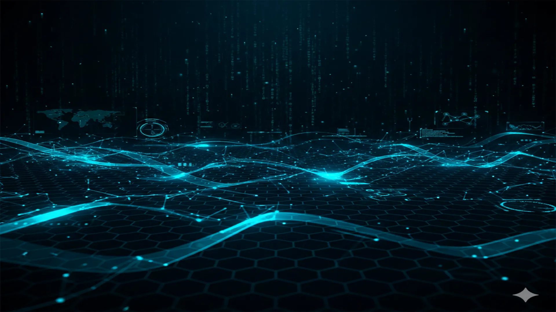 Abstract cybersecurity network with flowing data streams and connected nodes